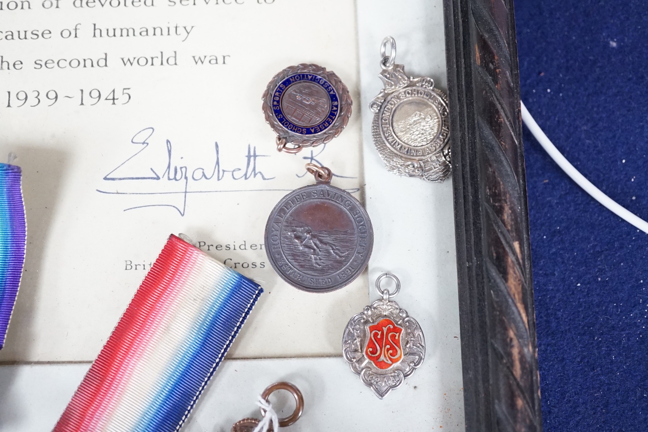 WWI medals - a pair to 254774. PTE. 1 . A.Tilley. RAF, a trio to J.12326 J.T.W.J. Wooding. A.B. R.N., A war organisation of the British Red Cross Society presentation certificate and other medals